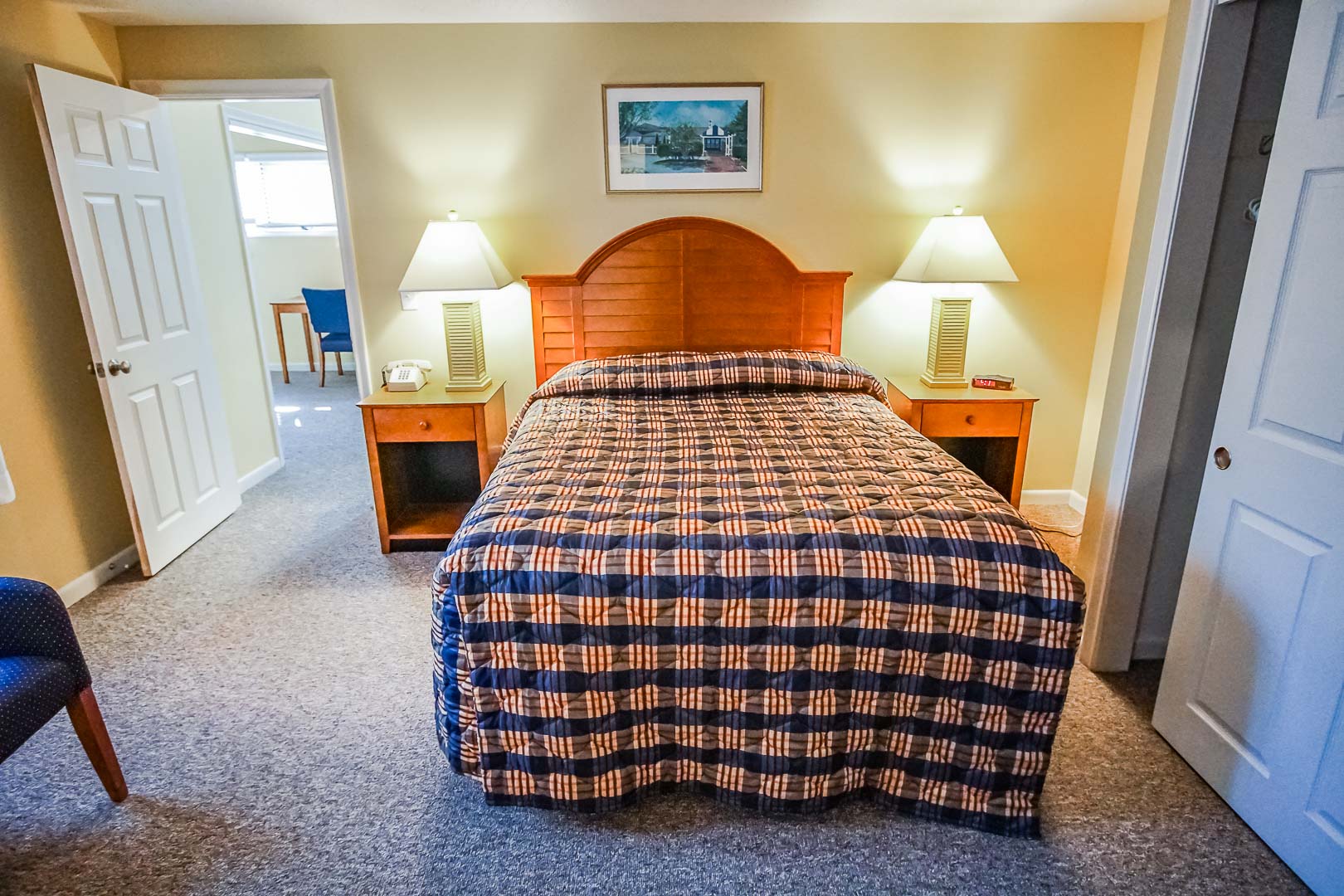 A fully equipped master bedroom at VRI's Cape Cod Holiday Estates in Massachusetts.